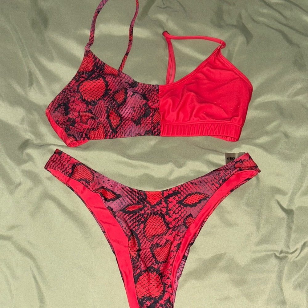 Red Pink Snake Print Bikini Set
